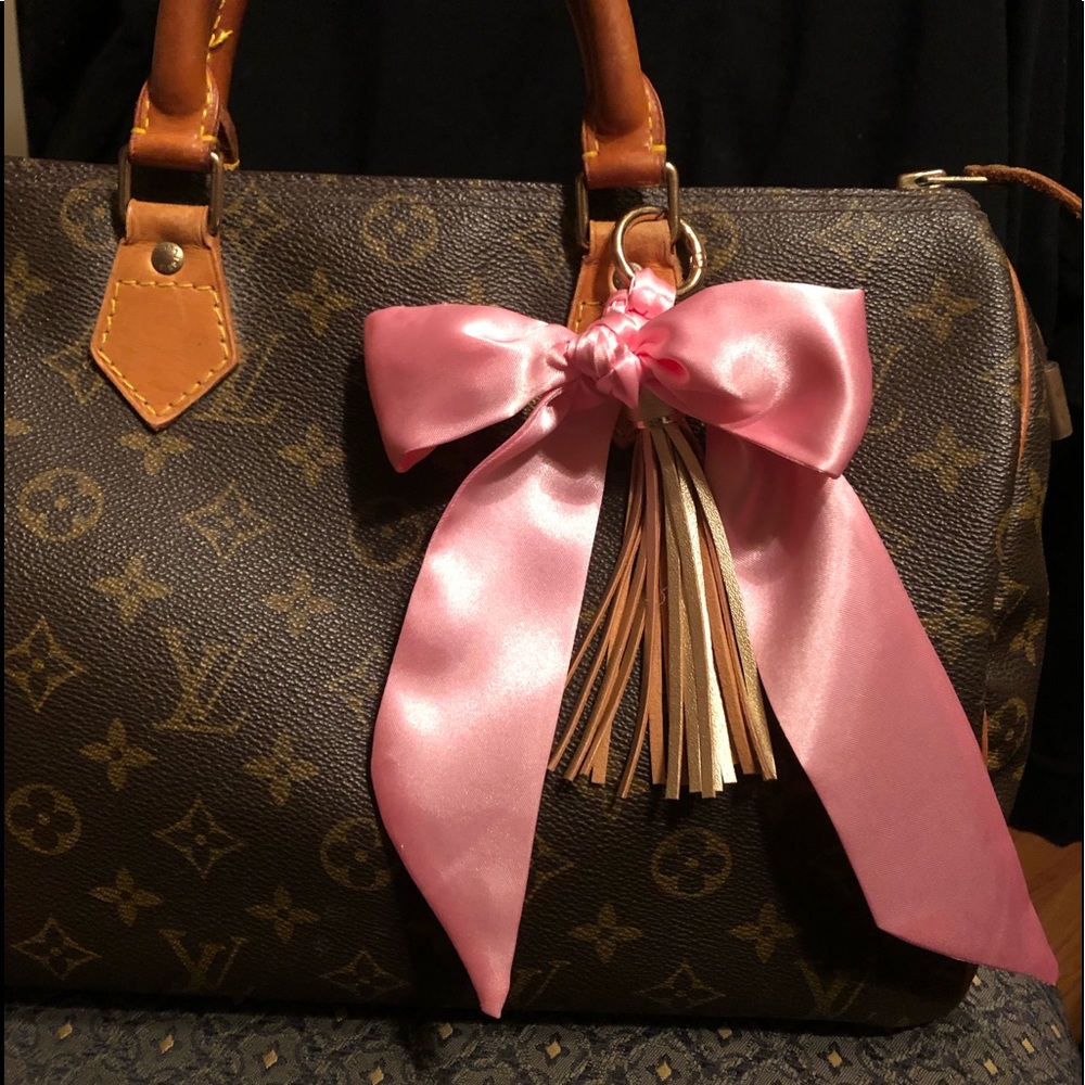 Purse scarf pink gold Tassel keychain bag charm gold clip on bag